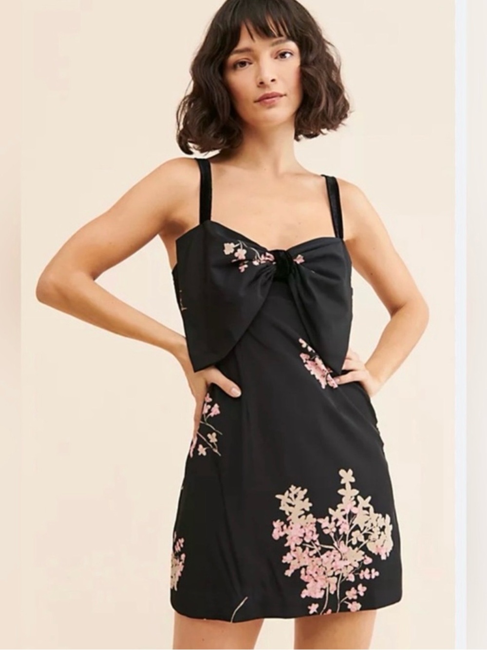 Free People Black Mini Dress with Pink Floral Bow Front